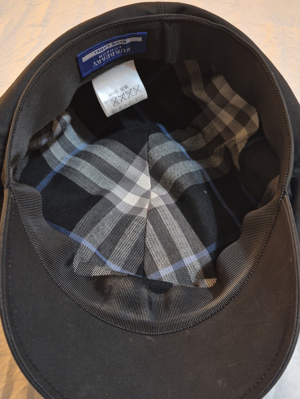 Burberry Black Cap with Gray and Blue Check Lining